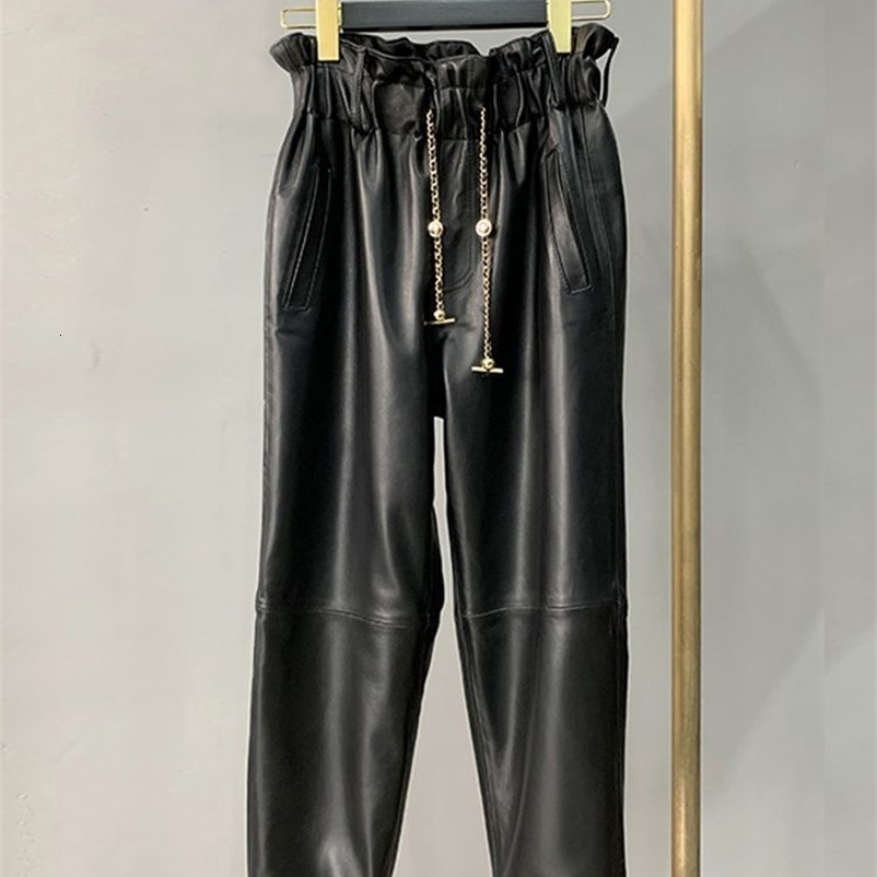 Women's Pants Capris Real leather pants high waist Chains Stitching Genuine sheep Leather pants female was thin leather pants with pockets wy892 