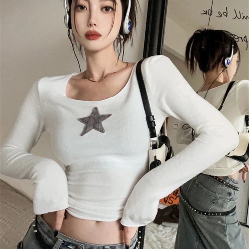 American Retro Star T Shirt Women Spring Autumn Vintage Long Sleeve Basic Tees Streetwear Casual Sexy Slim Crop Top Y2k Clothes 240409