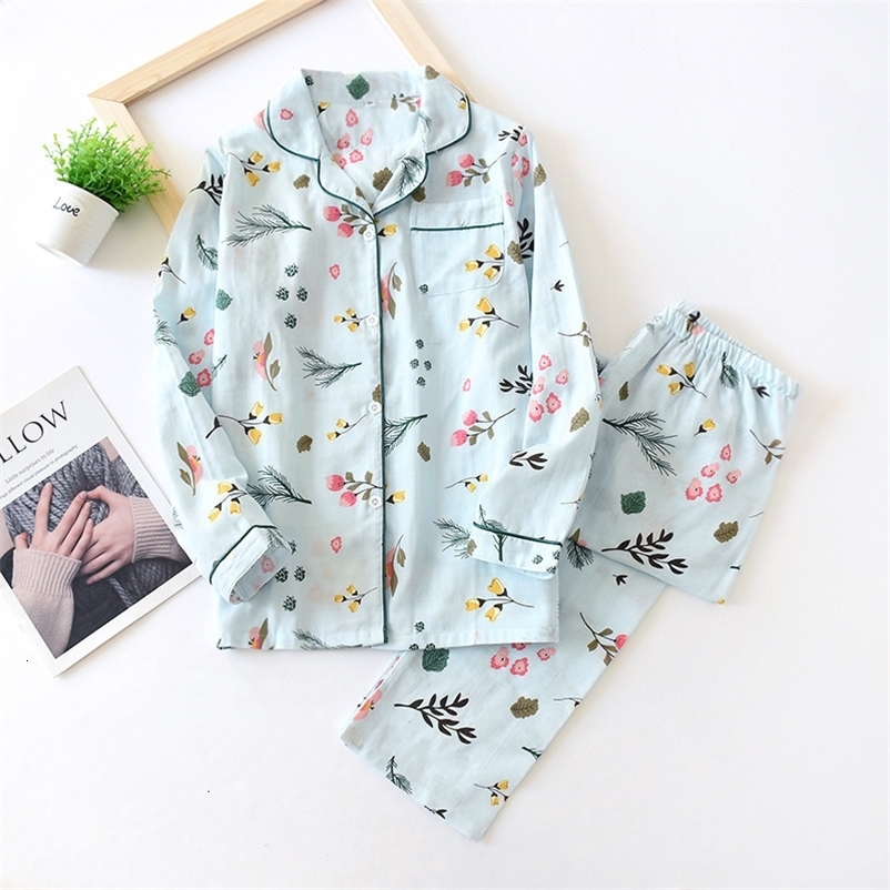 Women's Sleepwear M-XXXL Size spring summer pajamas two-piece ladies 100% cotton gauze long-sleeved trousers simple flowers loose home service se