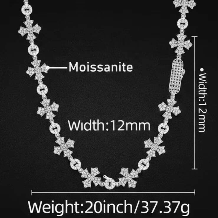 Hip Hop Luxury Handmade 12mm 925 Sterling Silver GRA Certified Moissanite Diamond Cross Link Chain Necklace for Men Women Party