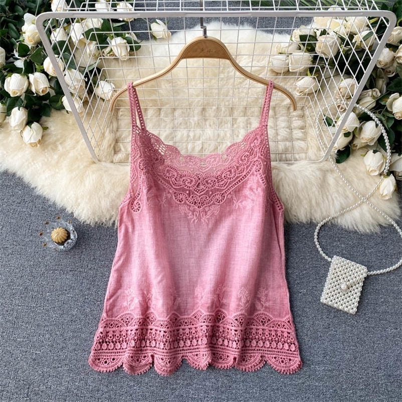 Camisoles Tanks Croysier Tops Women Boho Clothing Vintage Embroidery Lace Trim Cami Top V Neck Sleeveless Spaghetti Strap Summer Camisole 230518