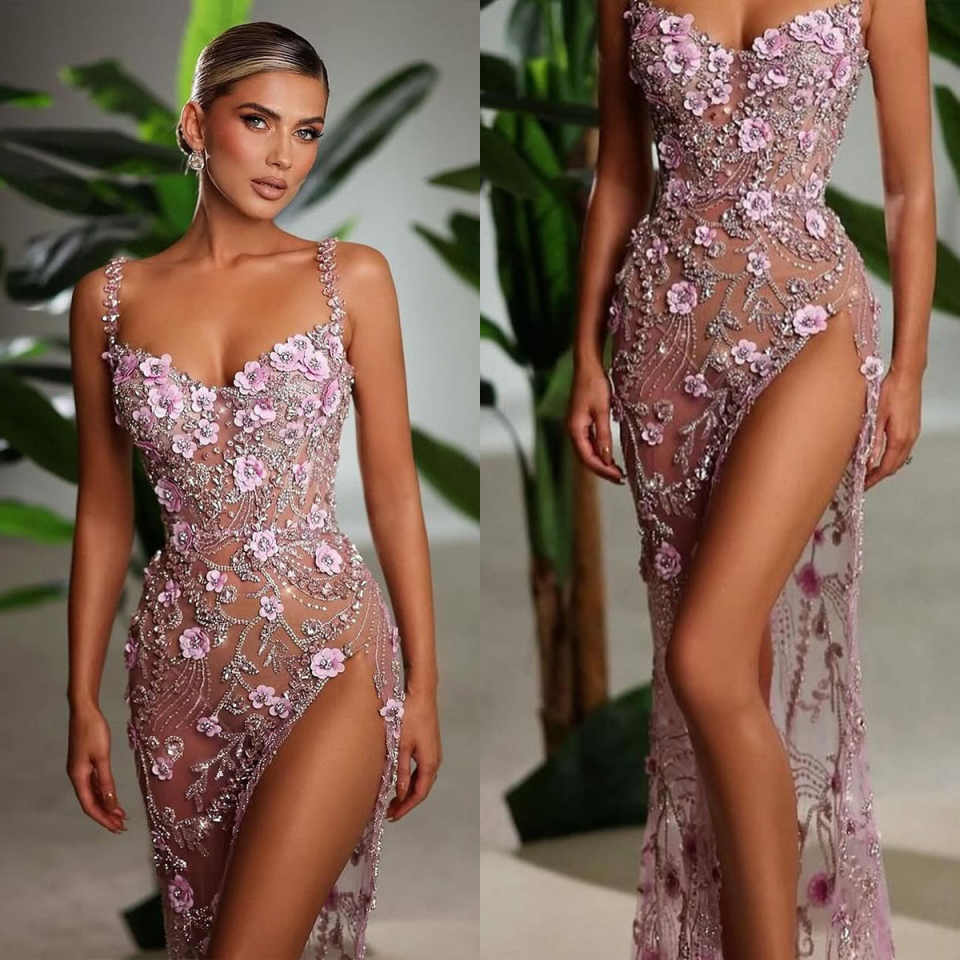 Sexy Prom Gown Sequined Lace Evening Dress Flower Party Dresses Side Slit Bridal Gowns Crystal Robes De Mariee Size Customized vestido de novia L25234