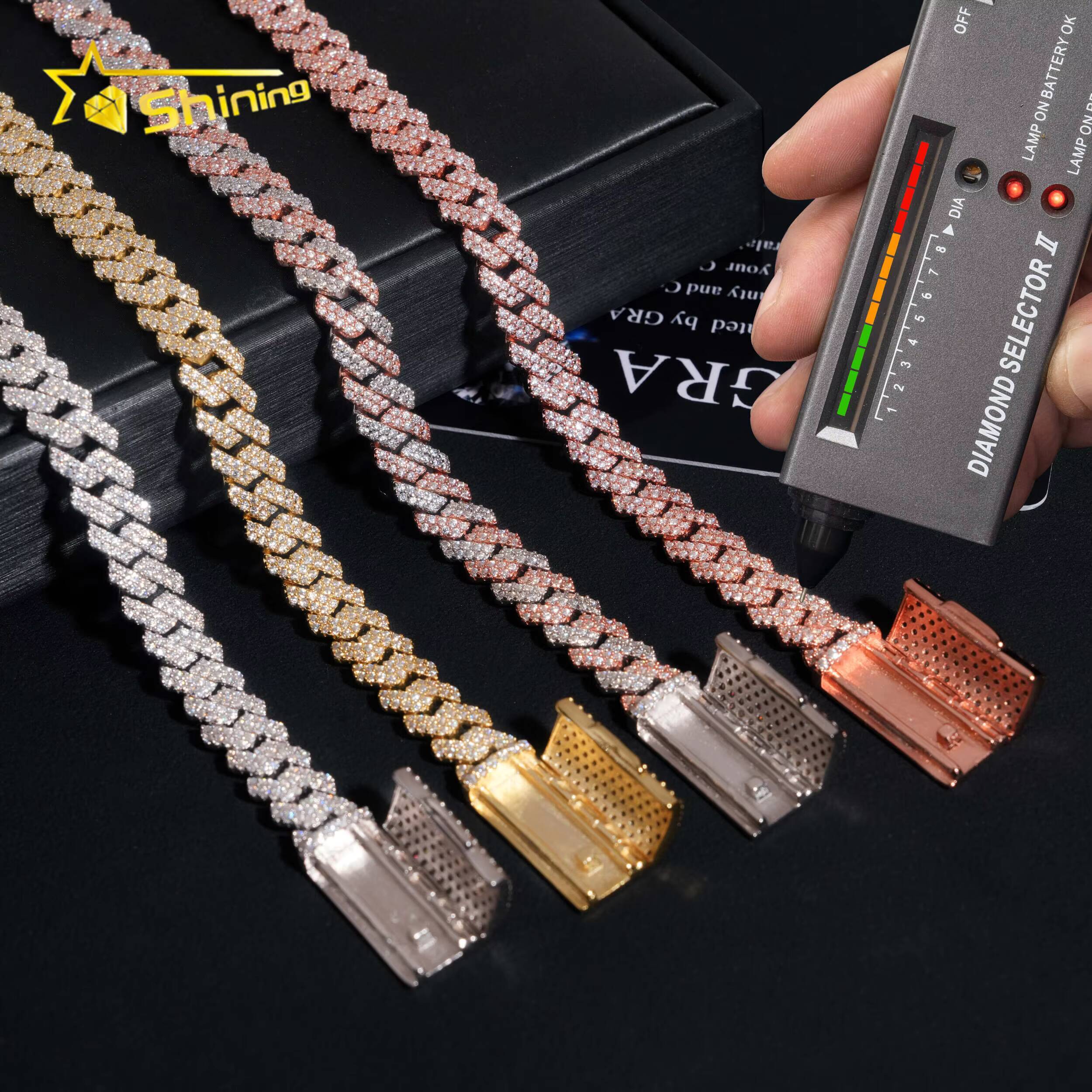 Hot Sale VVS Iced Out Moissanite Pass Diamond Test 925 Silver Gold Hip Hop 2Rows 8mm Cuban Link Chain Necklace Fine Jewelry