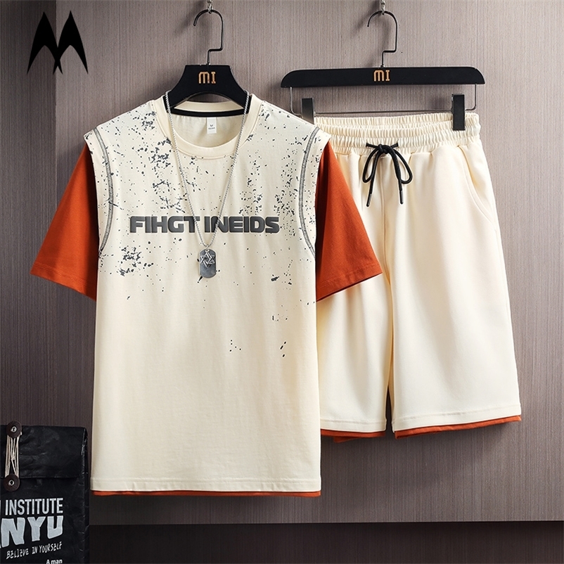 Men's Tracksuits Mens Two Piece Set Summer Casual Tracksuit Fashion Harajuku Short Sleeve T-ShirtsShorts Print Sets Men Streetwear 230428