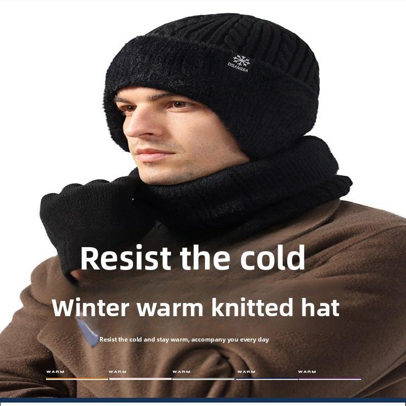 Men's Winter Thickened Ear-Warming 3-Piece Set: Knit Hat, Scarf Gloves Cold-Resistant Warm Knit Headwear for Cycling + Outdoor Performance Headge
