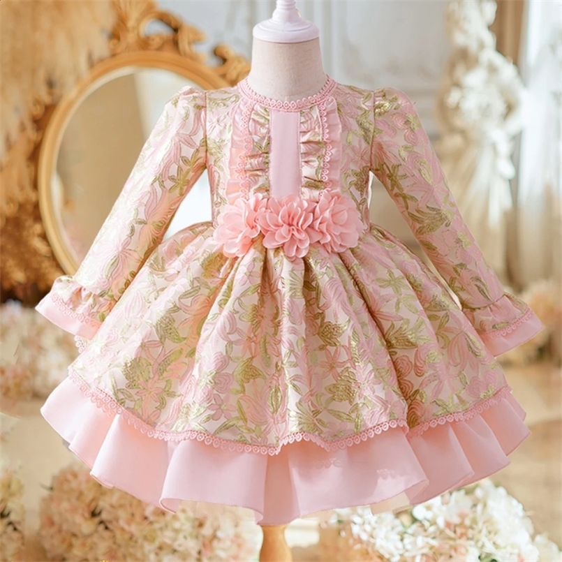 Girl Banquet Flower Dress Toddler Bow 1st Birthday Wedding Party Dress for Kids Lace Long Sleeve Prom Baby Clothes 250305