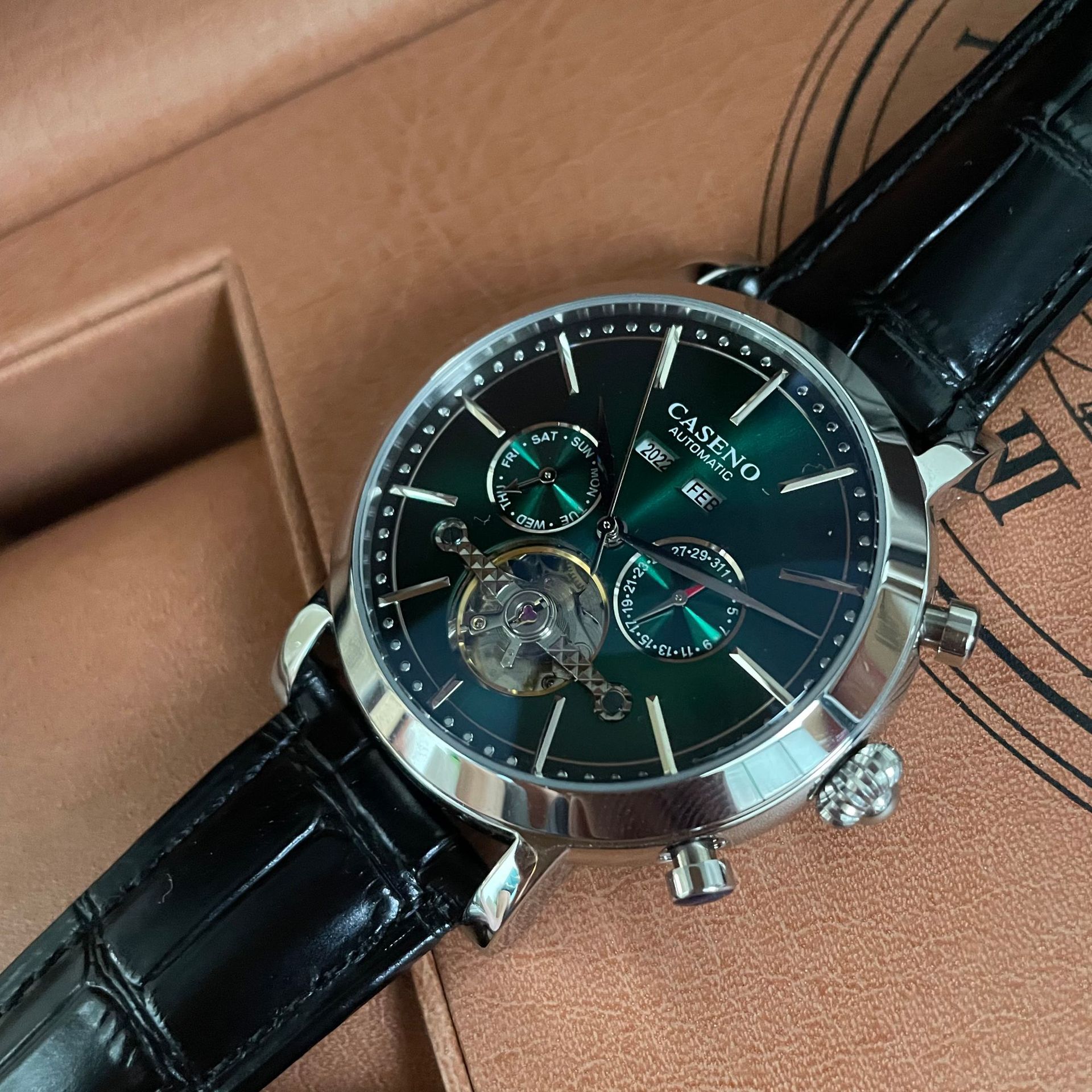 Elegant caseno Men's Chronograph High-Quality Stainless Steel Band, Self-Winding Movement w/ Complicated Tourbillon Feature