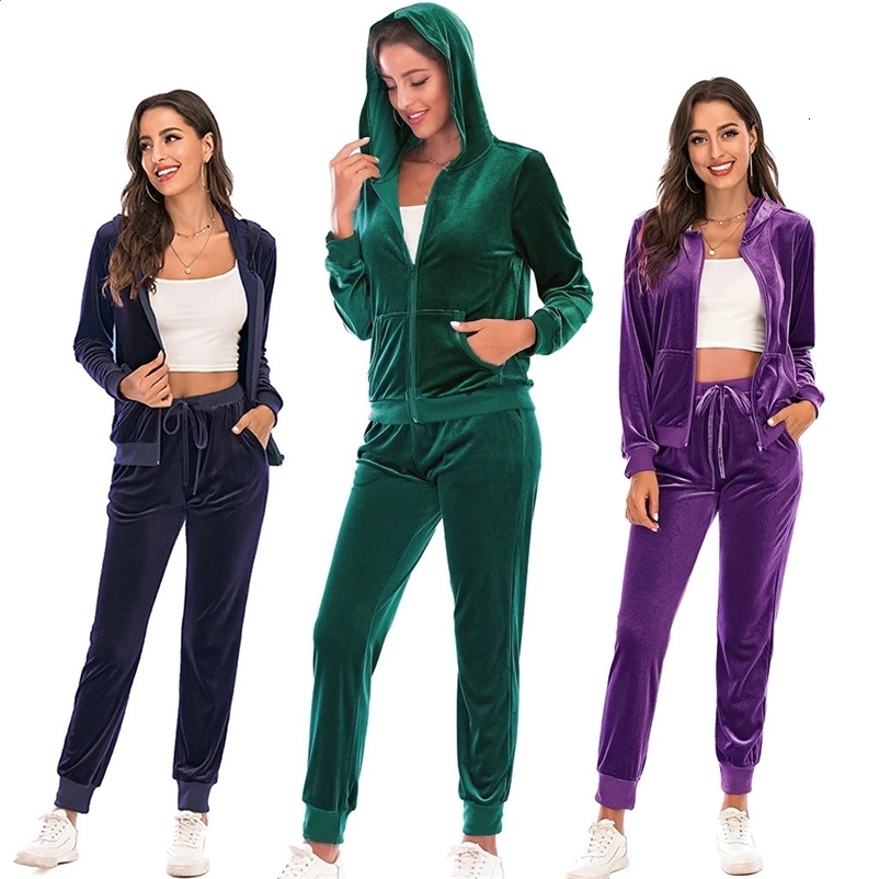 Velour Tracksuit Womens 2 Piece Sweatshirt Sweatpants Set Hoodie Sweatsuit with Pockets Casual Sportswear Autumn Winter Gym 240810