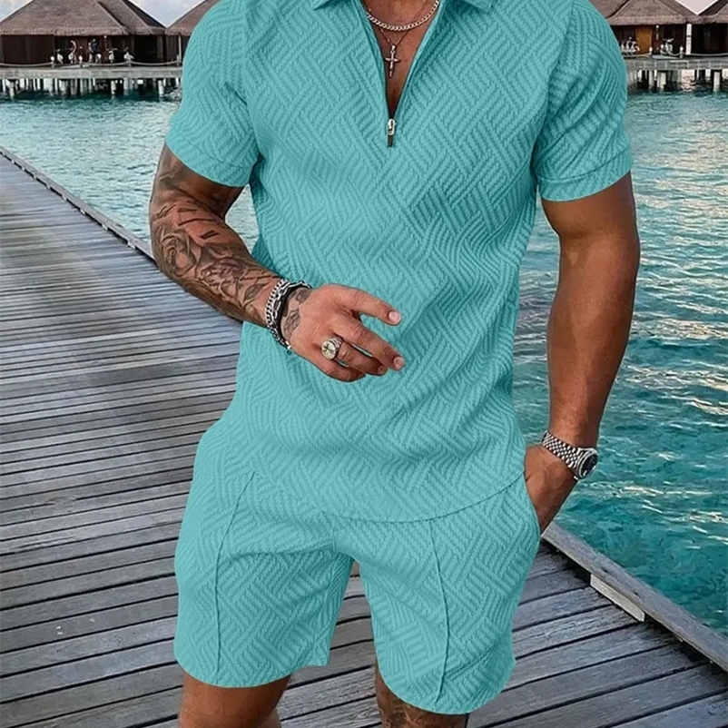 mens summer clothing polo shirt short sleeved set casual mens short sleeved track and field suit set social golf lapel T-shirt 240930CJ