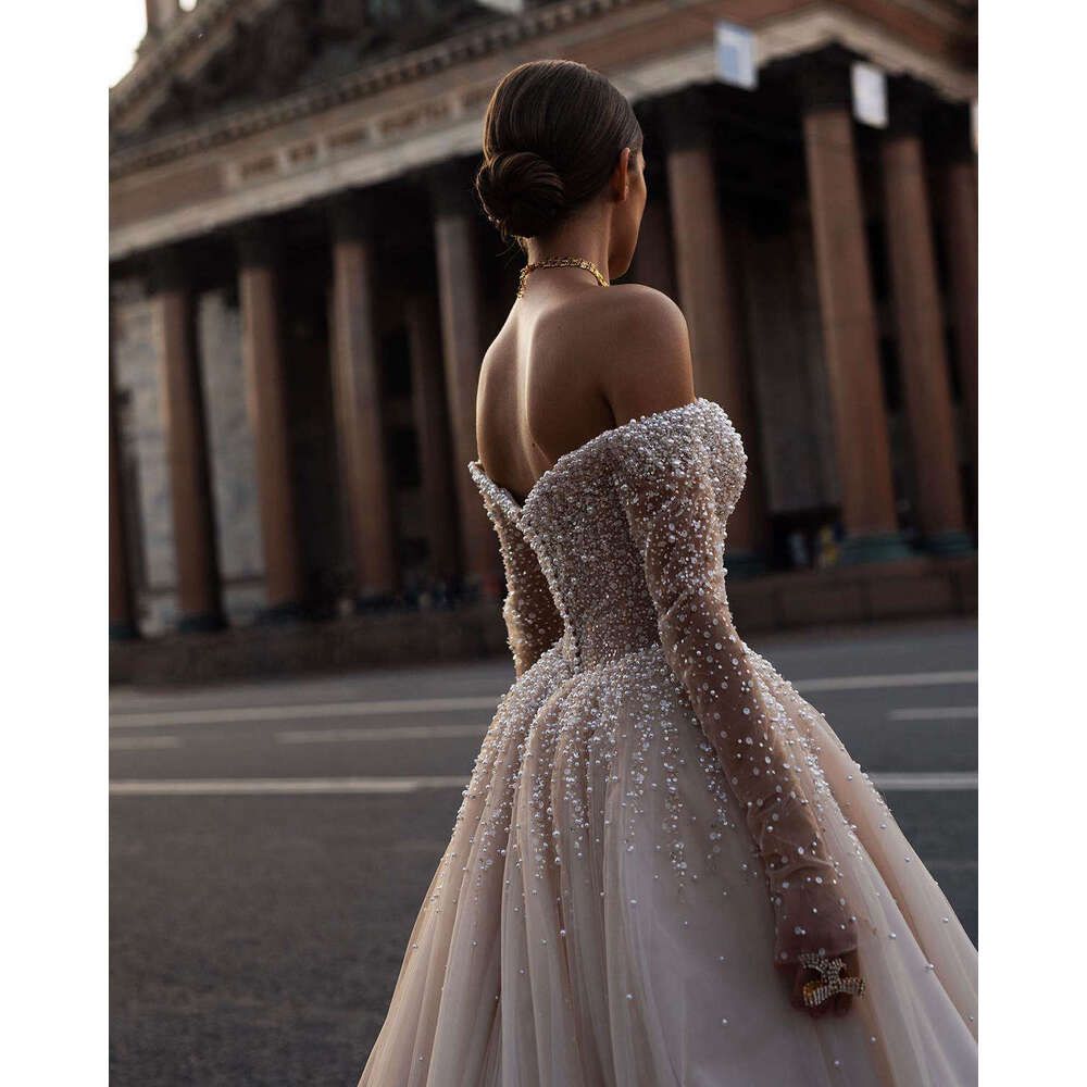 Vintage Long Sleeve Wedding Gowns Off Shoulder Pearls Bridal Dress Sequins Custom Made Beaded Sweep Train Vestido De Novia BC19526 9P25