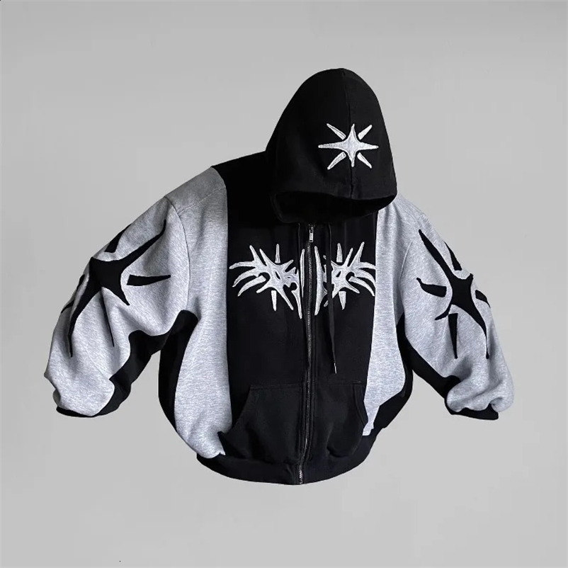Y2K Retro Zipper Hoodie Harajuku Patch Work Gothic Street Hip Hop Super Dalian Hoodie Mens Sportswear Fashion Casual Top 241231