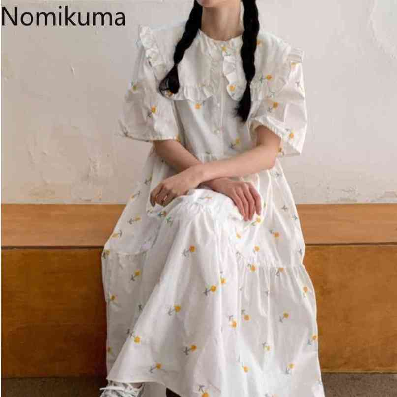 Nomikuma Floral Embroidery Woman Dress Sweet Peter Pan Collar Short Sleeve Dresses Korean Chic Summer Causal Vestidos 6H319 210427