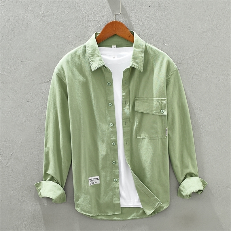 Men's Casual Shirts 1316 Simple Cotton Shirt Japan Style Casual Solid Color All-Match Chic Pockets Loose Lapel Fresh Youthful Streetwear Men Coat