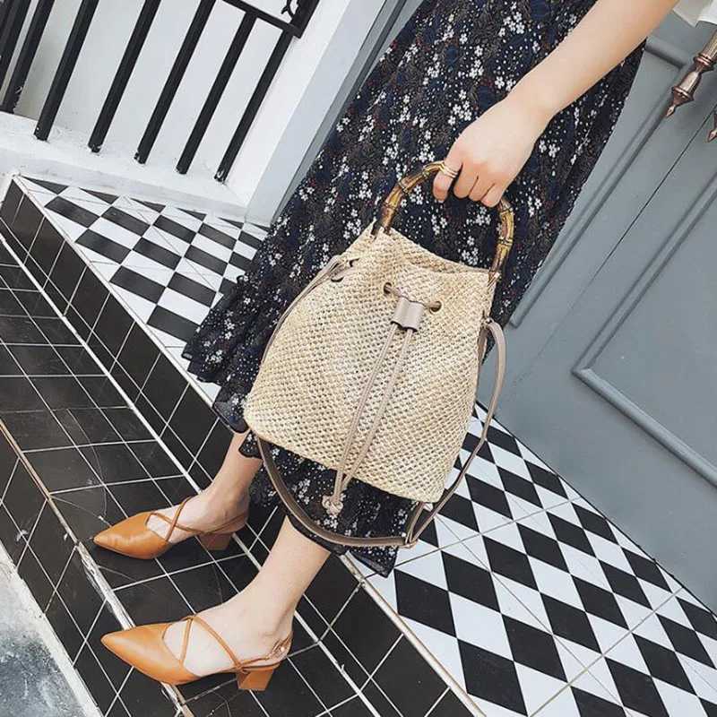 Women Drawstring Straw Bucket Bag Female Summer Handmade Woven Shoulder Messenger Bags Ladies Shopping Purse Beach Bags Handbags Z250923