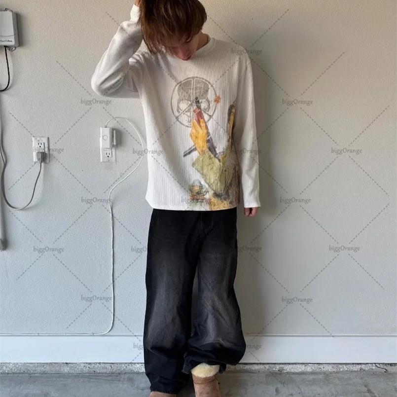 Trendy Harajuku Y2K Retro Streetwear High Street Cartoon Printed Long-sleeved T-shirt Men Hip-hop Punk Casual Loose Top 250225