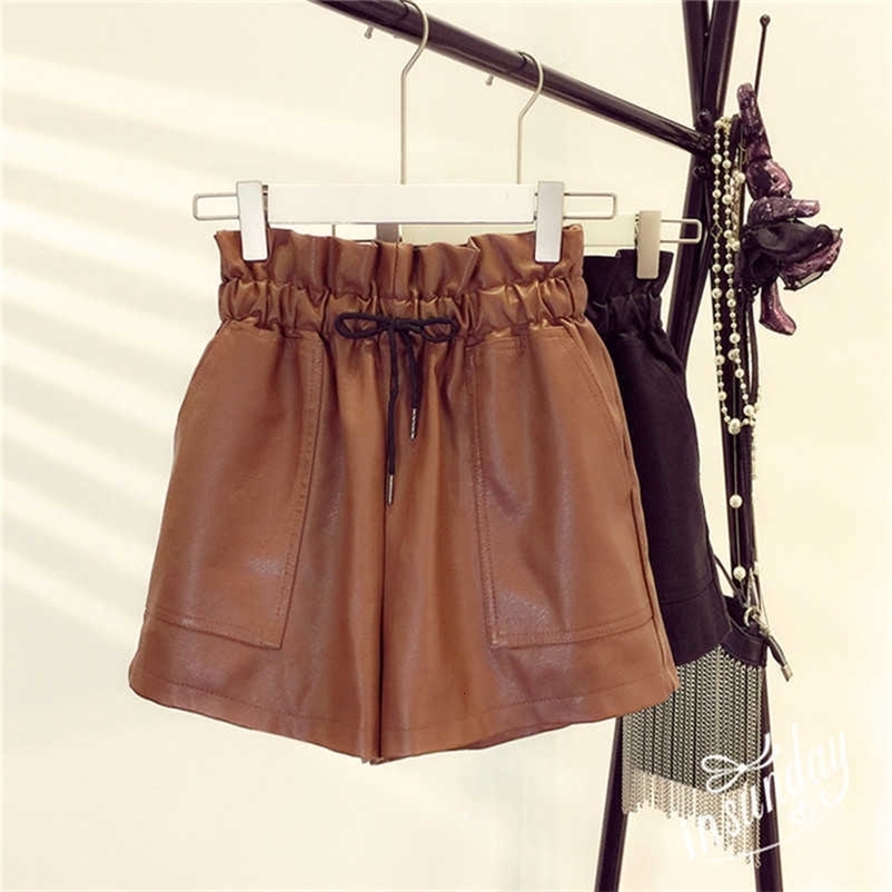 Spring Korean Style Female Sexy Leather Shorts High Waist Loose Wide Leg Short Femme Elastic Waist Belt 210611