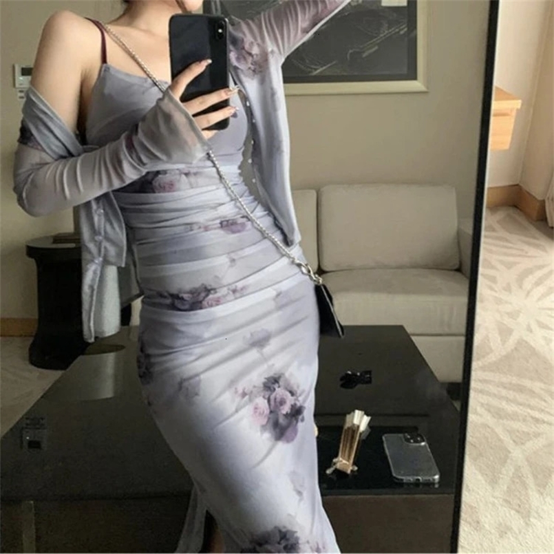 Vintage Rose Tie Dyed Slim Fit Strap Dresses Y2k E-Girl Long Sleeve Sun Protection Tops Women Summer Two Piece Sets 250320