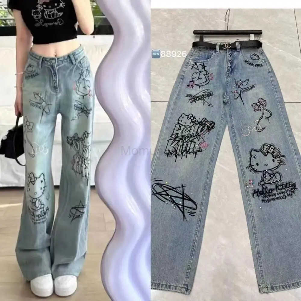 Sanrio Hello Kitty Cotton Jeans Cartoon Comfort Loose Wide Leg Pants Cute Soft Straight Leg Pants Sweet Girls Gift L250925