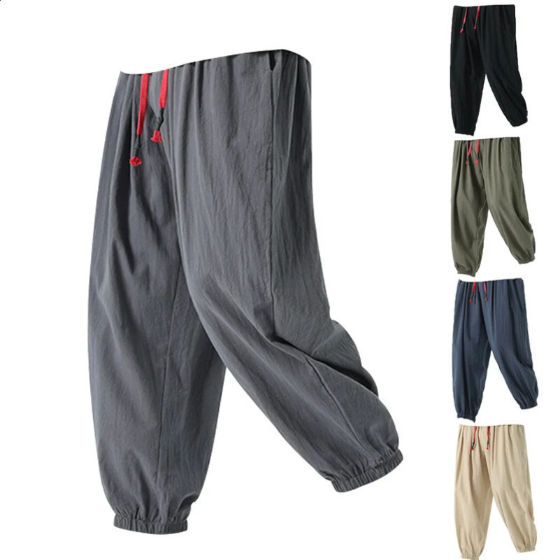 M-5XL Spring/Summer Mens 100% Cotton and Hemp Pants Loose Pull up Lantern Pants Hare Pants Japanese Casual Pants 250427
