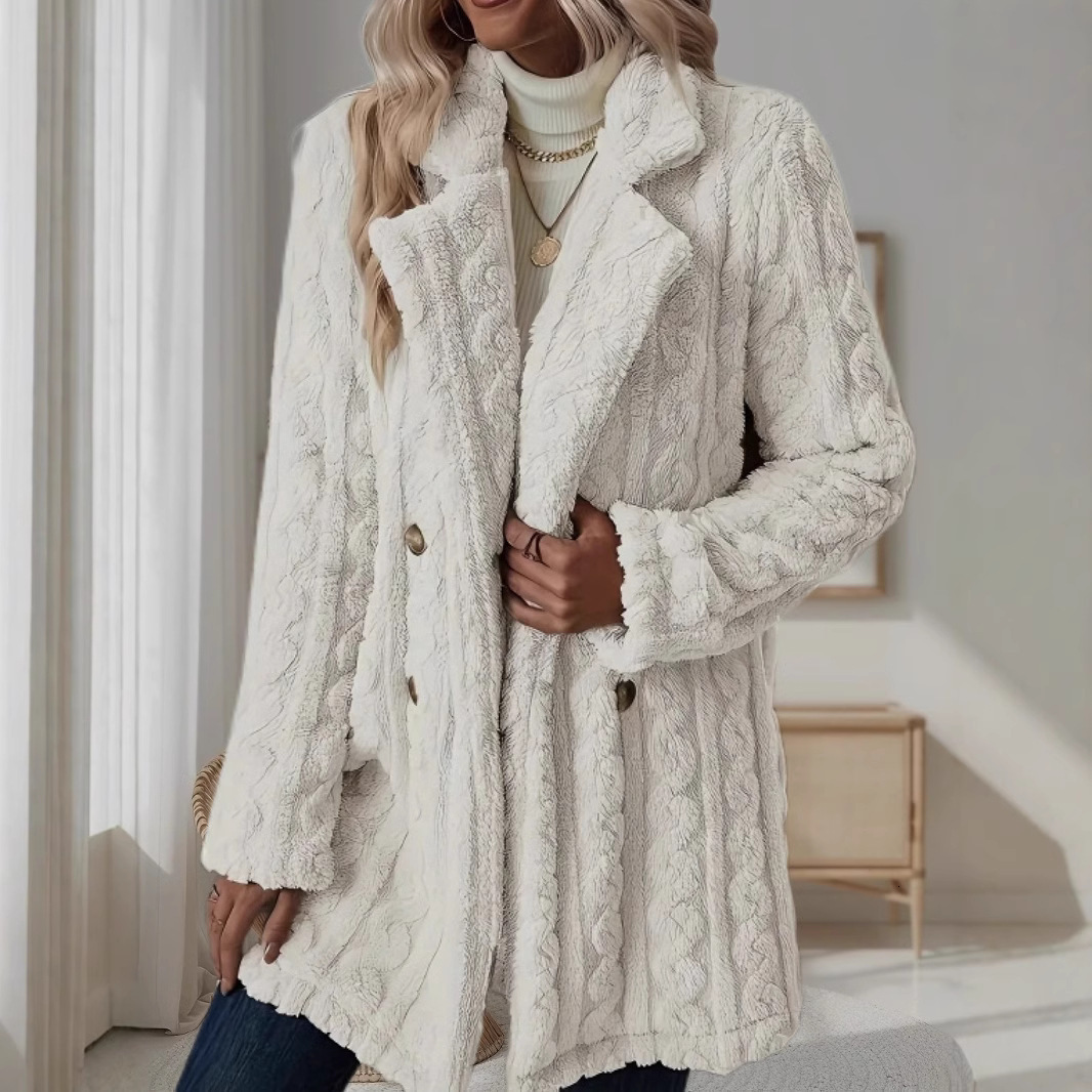 Women's Plush Coat Comfortable Casual Warm Suit Collar Double-Breasted Mid-Length Overcoat