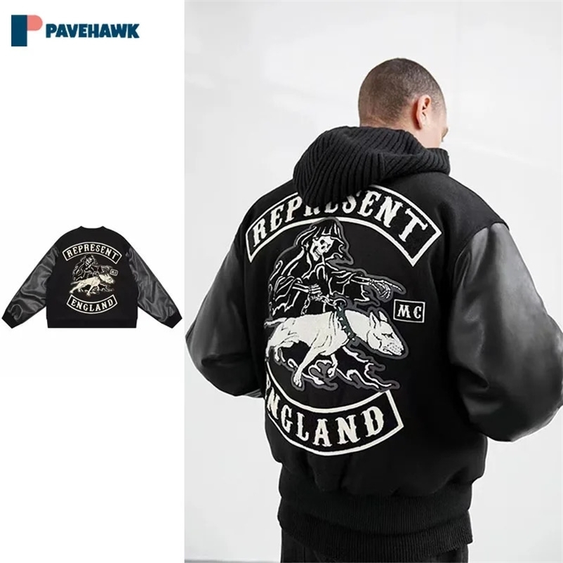 Men Leather Sleeve Baseball Jackets Hip Hop Patchwork Embroidery Pattern Bomber Coats Male Spring Autumn Japanese Loose Outwear 240716
