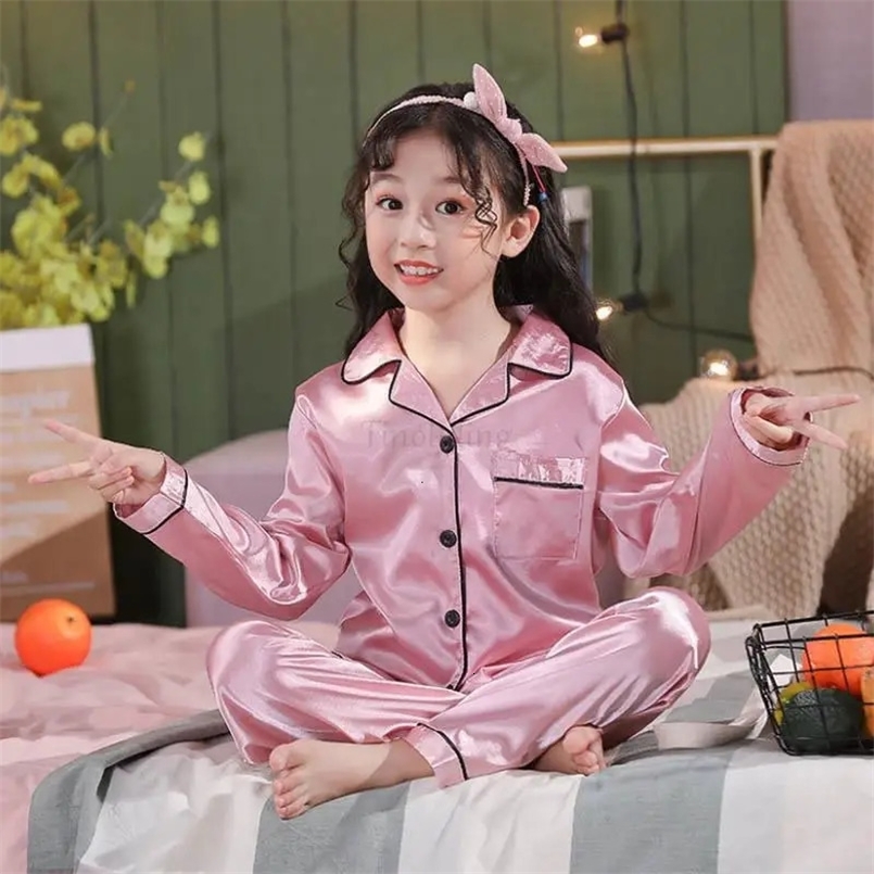 Full Sleeve Silk Pajamas for Girls Children Sleepwear Pijamas Girls Teenage Boys Satin Pajama Sets Night Suits for Kids 250328