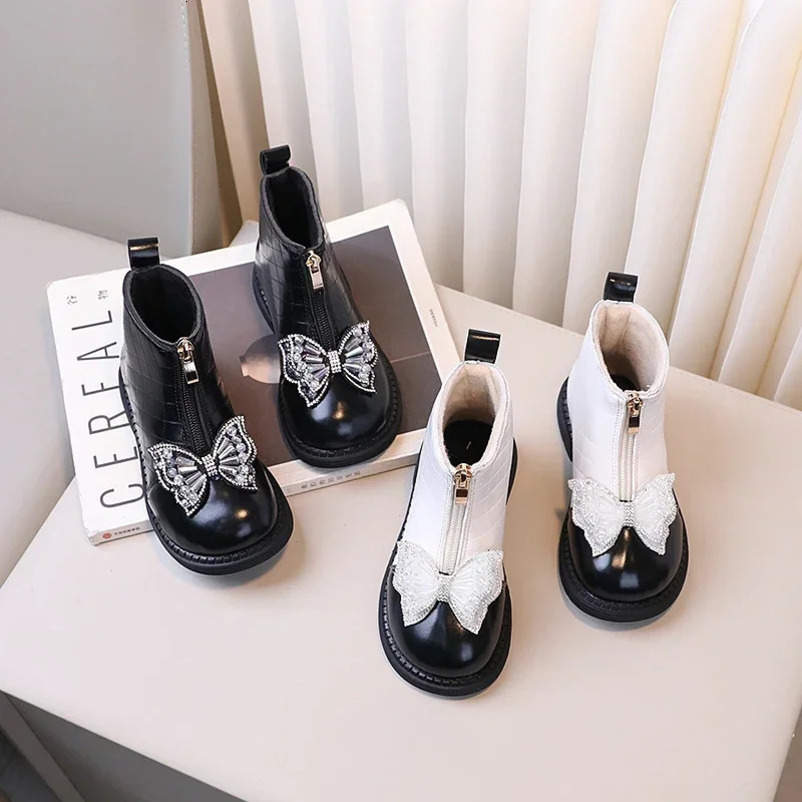 Kids Warm Fashion Boots Non-slip Girls Princess Shoes with Sweet Bow Children Short Leather Boots with Front Zipper 241219