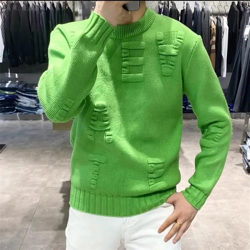 Autumn Winter Mens Spliced Pullover O-Neck Letter Fashion Solid Color Loose Casual All-matc Long Sleeve Knitted Sweater 240911
