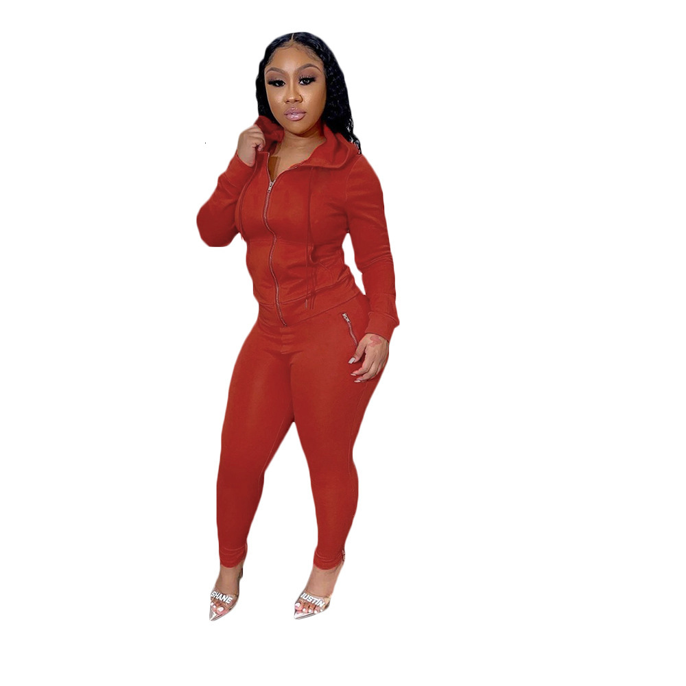 CN0049 Autumn Women's Solid Color Suit Personality Zipper Two-Piece Set