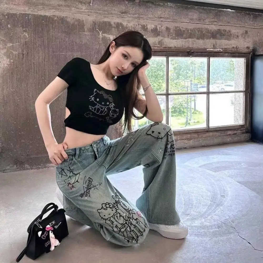 Sanrio Hello Kitty Cotton Jeans Cartoon Comfort Loose Wide Leg Pants Cute Soft Straight Leg Pants Sweet Girls Gift L250925