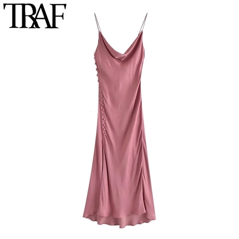 TRAF Women Chic Fashion With Buttons Side Slit Midi Camisole Dress Vintage Backless Thin Straps Female Dresses Mujer 210630