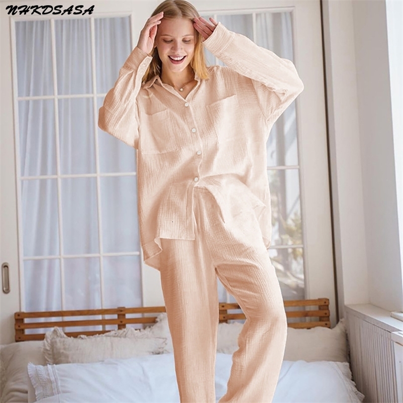 Women's Sleepwear Casual Cotton Pajamas For Women Loose Sleepwear Drop Sleeves Home Suit Turn Down Collar Trouser Suits Set Woman 2 Pieces 230310