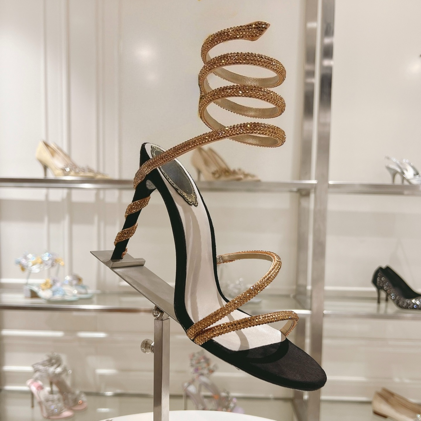 Crystal-embellished suede sandals Snake Strass stiletto Heels women's high heeled Luxury Designers Ankle Wraparound Evening shoes factory footwear