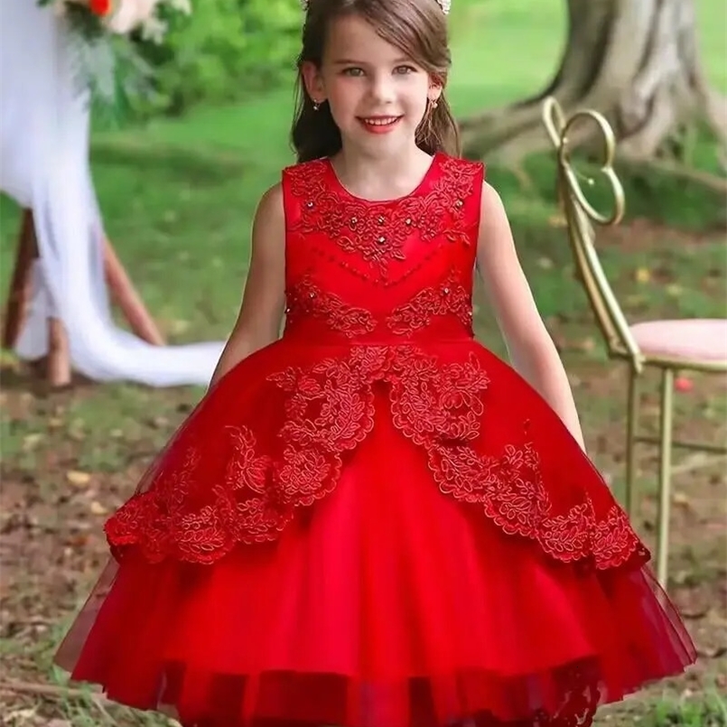 Girls Puffy Princess Sleeveless Beaded Flowers Embroidery Tulle Lace Tutu Dress For Evening Birthday Party Kids Clothes #584 250305