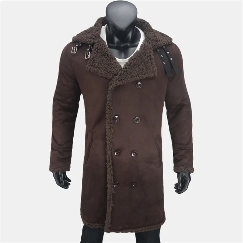 Winter mens long trench wool coat suede faux fur coat mens double chest clothing mens warm refrigerated jacket S-5XL 241203