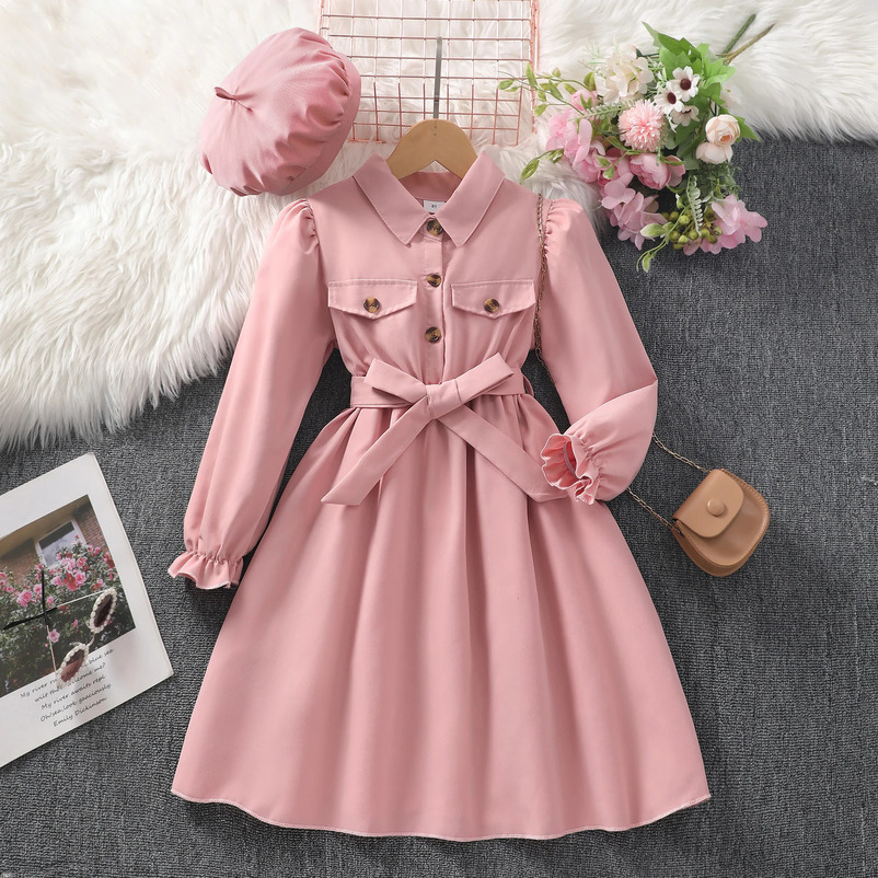 Tween Girls Stylish Casual Long Sleeve Solid Colored Button Up Lapel Collar Dress With Belt Pockets For Fall Winter Outdo 241219