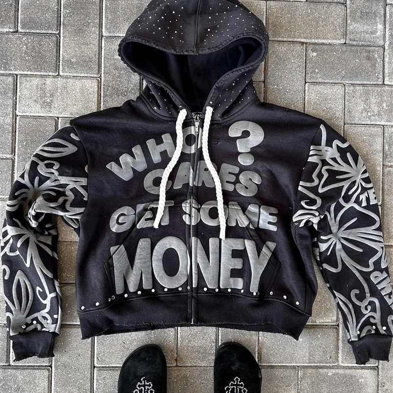 Y2K Zip Hoodie American Hip Hop Casual Fashion Alphabet Vintage Hooded Long Sleeve Sports Hood Men Women Street Wear 241231