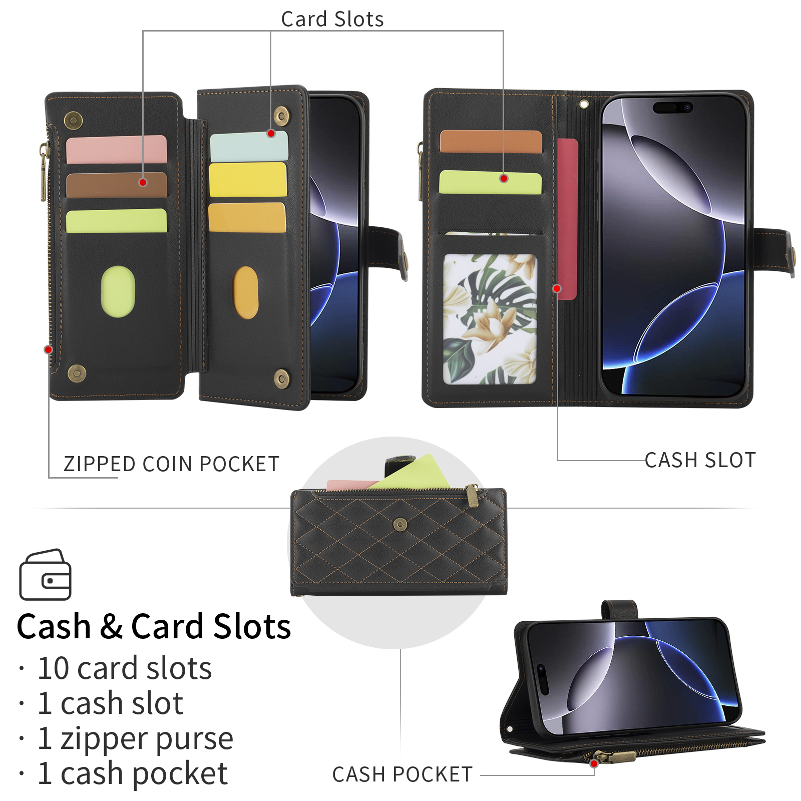 Quilted Leather Wallet Phone Case with Card Slots, Zipper & Wrist Strap, Protective Flip Cover for Mobile Phones