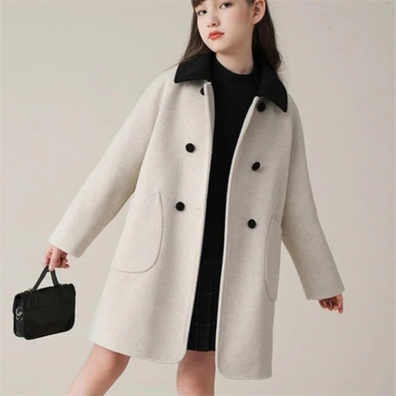 Girls Woolen Coat Overcoat Jacket Windbreak Beige Warm Plus Thicken Winter Cotton Teenagers Gift Childrens Clothing C15 241014