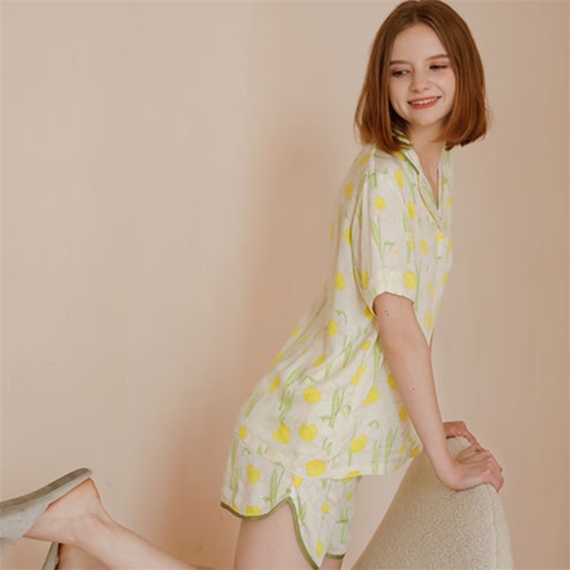 Women's Sleepwear Spring Print Pajamas Princess Sleepwear Nightwear Women Viscose Satin Loungewear Turn Down Collar Tops Shorts Two Piece Sets 23