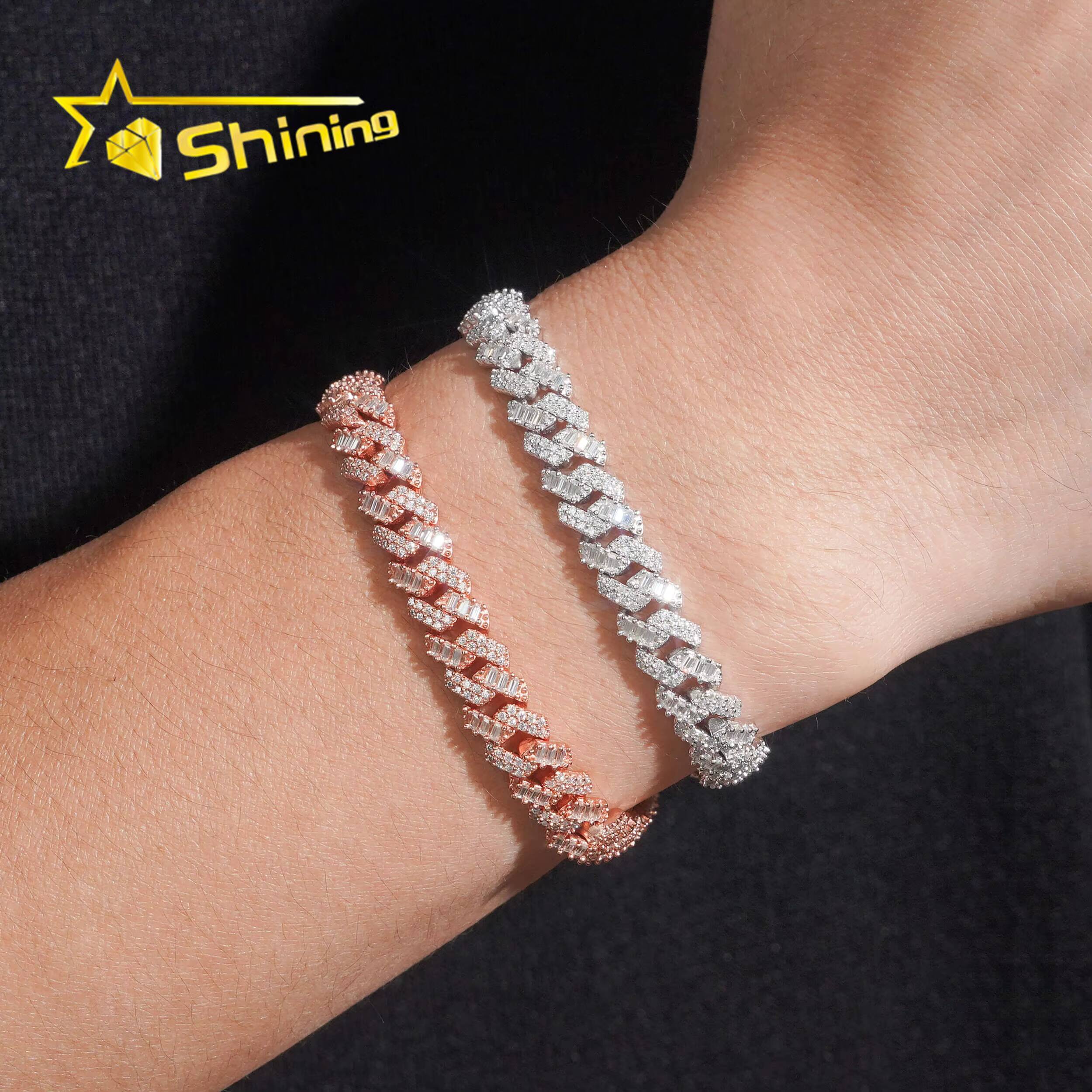 Baguette Mixed Round 8mm Iced Out VVS Moissanite Pass Diamond Test Cuban Link Chain Hip Hop Mens 925 Sterling Silver Necklace