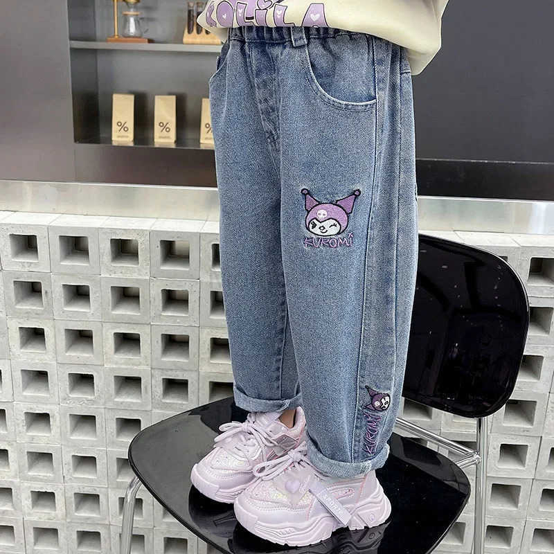 Sanrio New Jeans Korean Cartoon Kawaii Kuromi Childrens Embroidered Versatile Pants Cute Girls Spring and Autumn Pants L250925