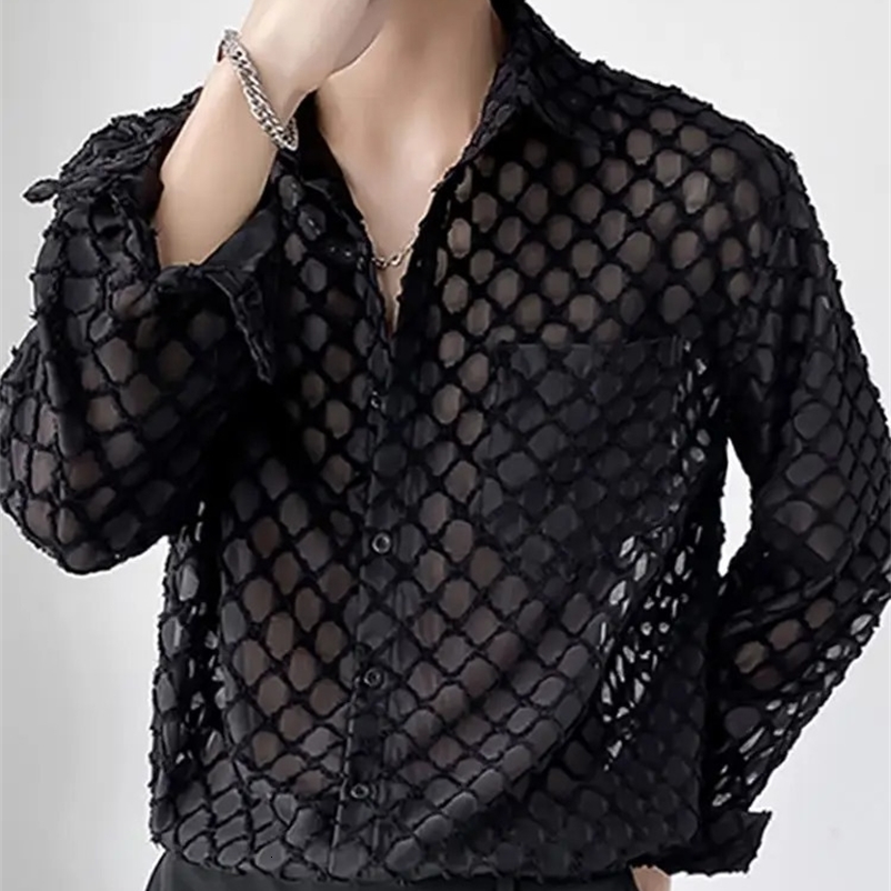 Mens casual shirt with hollow splicing mens breathable mesh long sleeved shirt S-5XL INCERUN top 250118