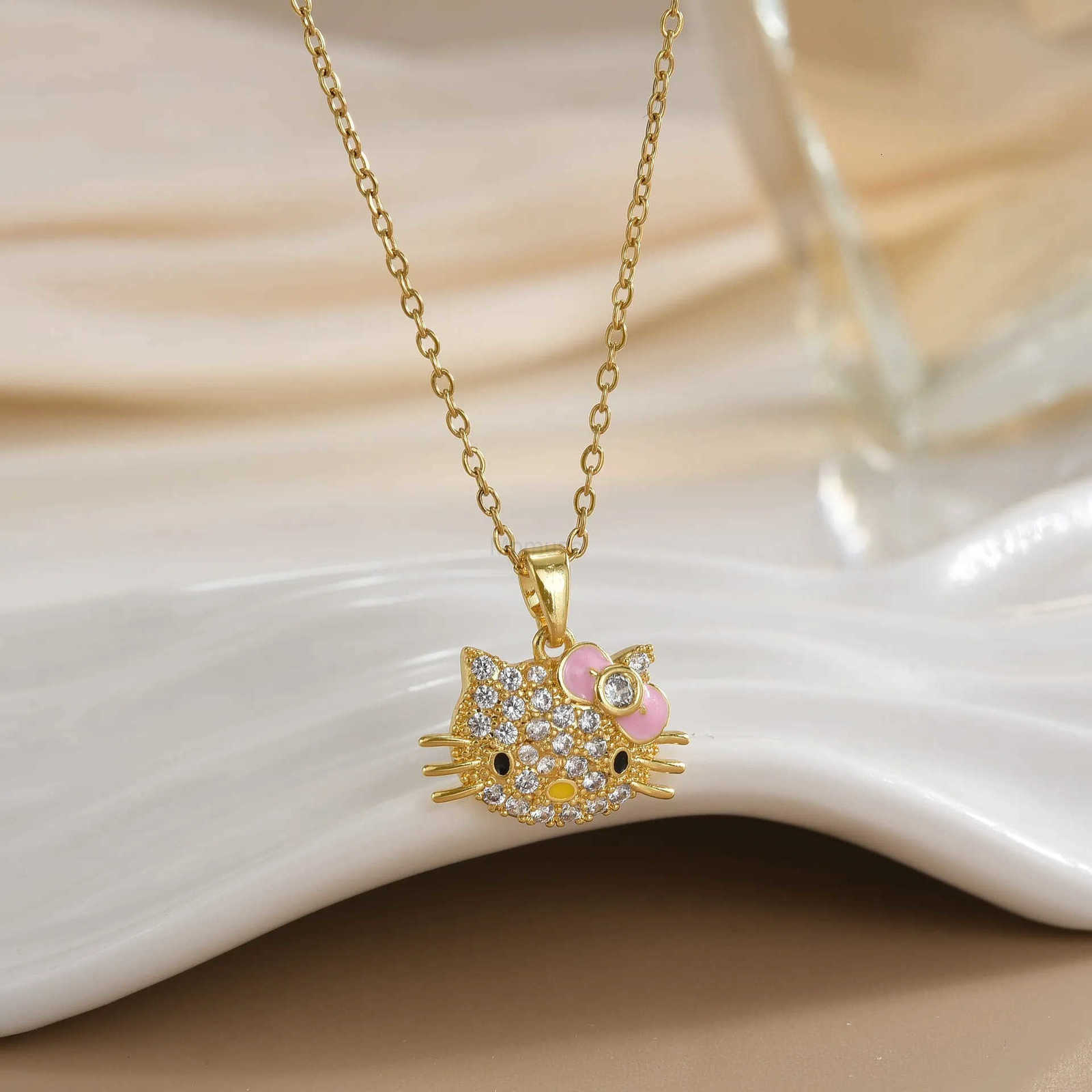 Sanrio Stainless Steel Chain Cute Zircon Hello Kitty Pendant Necklaces for Women Girls Shiny Charm Jewelry Accessories Gifts L250925