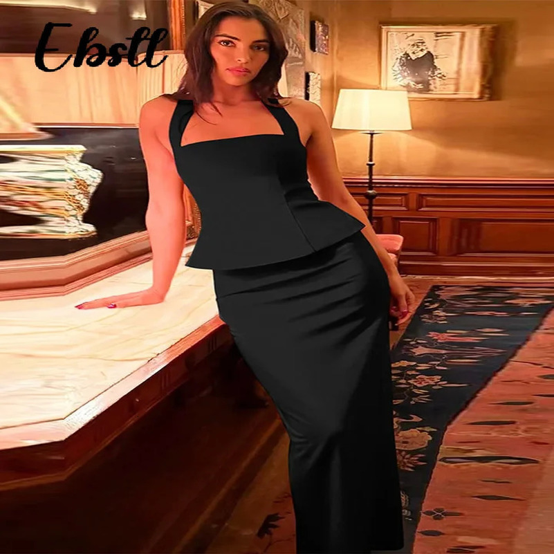 Elegant camisole top set womens solid sleeveless top spliced long skirt womens clothing for spring and summer 250402