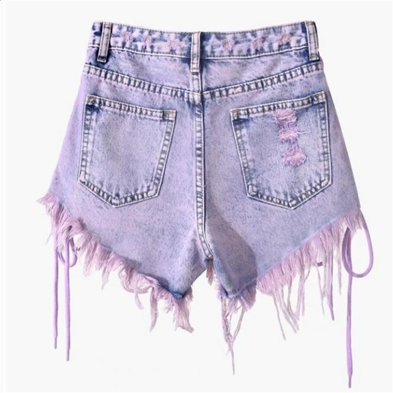 Purple Tassel Jean Shorts Lace-Up Denim Shorts Womens Summer High Waist Breasted Raw Edge A-Line Wide-Leg Pant 250118
