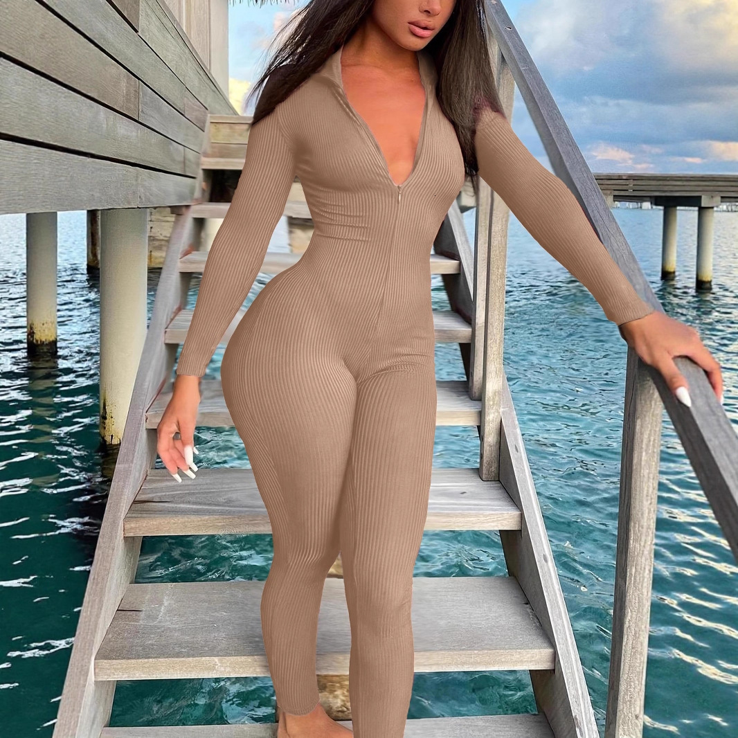 2025 New Autumn Casual Ribbed Zipper Sports Jumpsuit