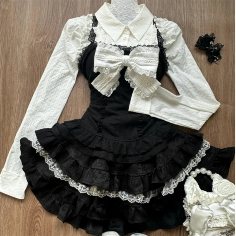 Y2k Aesthetic Lolita Style 3 Piece Set Women Kawaii White Shirt Bow Lace Vest Ruffle Mini Skirts Japan Fashion Gothic Skirt Suit 250225
