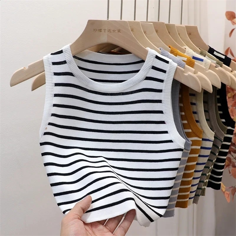 Summer spring striped vest womens sleeveless knitted T-shirt cut top womens elastic slim casual vest zipper vest 250422
