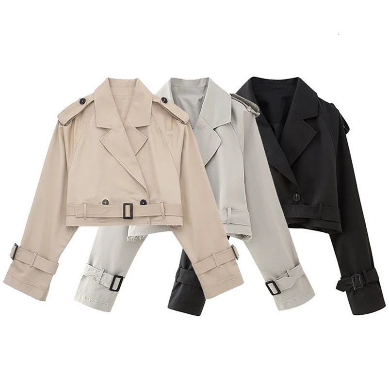 Willshela Women Fashion With Belt Cropped Trench Jacket Vintage Notched Neck Long Sleeve Female Chic Lady Coat Outfits 240716